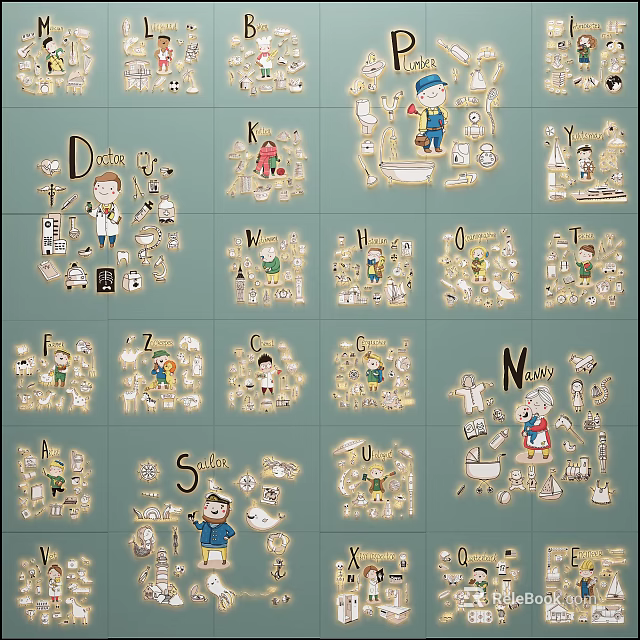 Playful Alphabet Wall Decor With Cute Cartoon Characters And Daily Life Scenes 3d model 