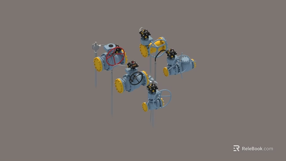 Industrial Factory Mechanical Control Valves With Yellow Blue Handle Devices Essential Equipment 3d model 