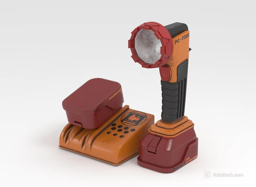 Red And Black Flashlight With Brown Charging Base And Control Button Panel 3d model