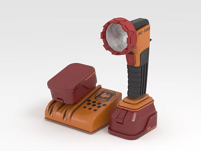 Red And Black Flashlight With Brown Charging Base And Control Button Panel 3d model