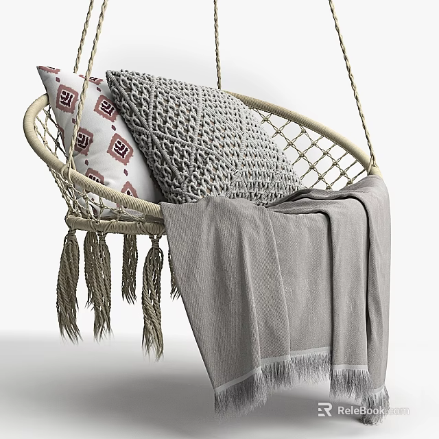 Hanging Double Sofa With Wicker Frame Geometric Pattern Cushions And Gray Blanket 3d model 