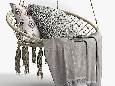 Hanging Double Sofa With Wicker Frame Geometric Pattern Cushions And Gray Blanket 3d model
