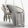 Hanging Double Sofa With Wicker Frame Geometric Pattern Cushions And Gray Blanket