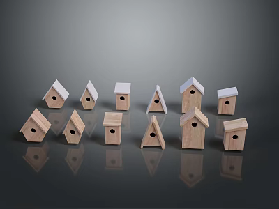 Birds Wooden Birdhouses In Various Shapes And Sizes On Dark Background 3d model