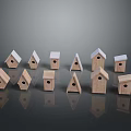 Birds Wooden Birdhouses In Various Shapes And Sizes On Dark Background