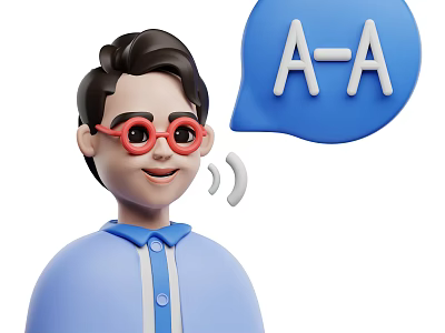 Cartoon Character With Red Round Glasses And Blue Speech Bubble Showing A-A Text With Sound Wave 3d model