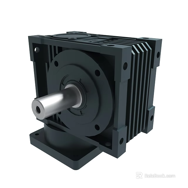 Industrial Gearbox Black Square Housing With Metal Shaft Mounting Holes And Cooling Fins Design 3d model 