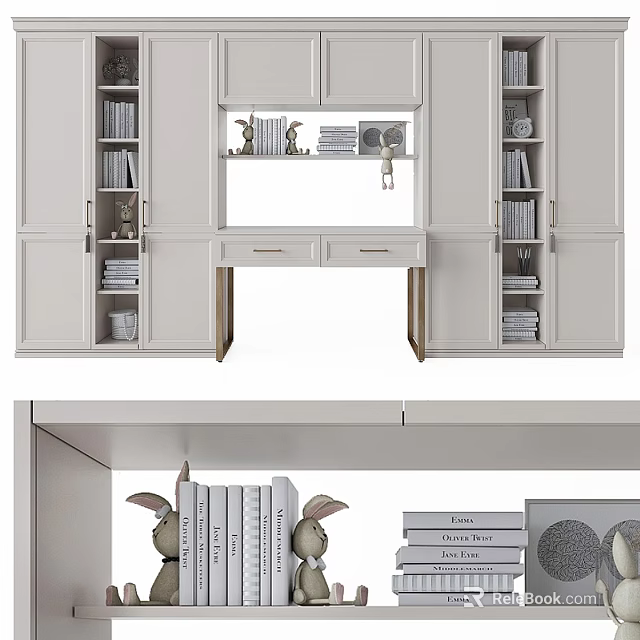 Modern White Bookcase Design With Open Shelves And Drawers Holding Books And Decorative Figurines 3d model 