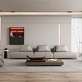 Modern Minimalist Living Room Interior With Gray Sofa Wooden Coffee Table And Floor Lamp