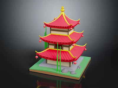 Chinese Traditional Pagoda with Multiple Stories Red Roof Yellow Decorations Green Pillars and Red Lanterns 3d model