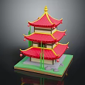 Chinese Traditional Pagoda with Multiple Stories Red Roof Yellow Decorations Green Pillars and Red Lanterns