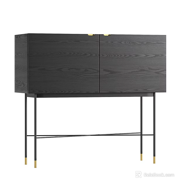 Modern Console Sideboard Cabinet With Black Wooden Texture And Gold Legs 3d model 