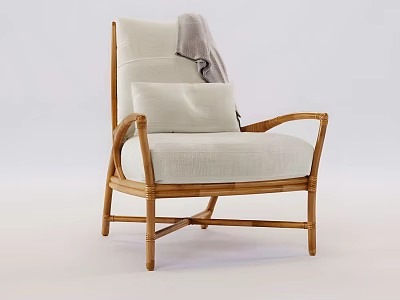 Natural Rattan Lounge Chair With Soft White Cushion And Pillow For Cozy Home Leisure Time 3d model
