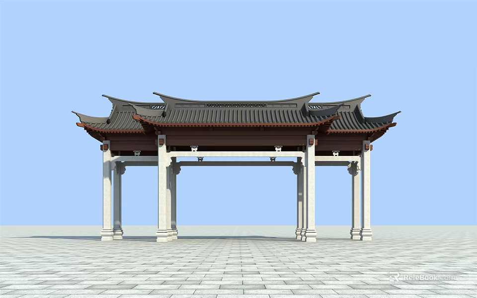 Traditional Chinese Paifang Archway With Classic Roof White Pillars And Stone Pavement 3d model 
