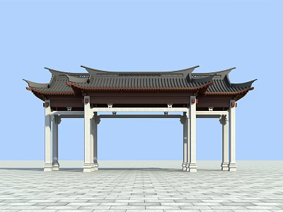 Traditional Chinese Paifang Archway With Classic Roof White Pillars And Stone Pavement 3d model