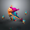 Vibrant Game and Movie Character with Pink Hair Green Body Swimming with Colorful Small Fish