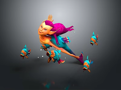 Vibrant Game and Movie Character with Pink Hair Green Body Swimming with Colorful Small Fish 3d model