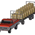 Red and Gray Vintage Truck Hauling Hay Bales on Trailer