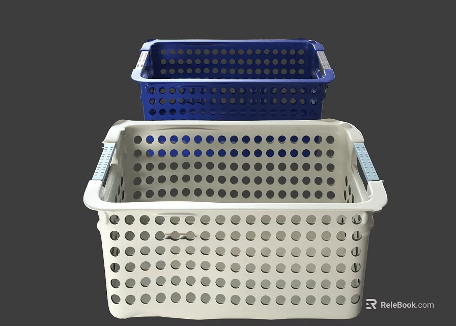 Blue and White Plastic Storage Baskets with Perforated Design and Handles for Home Use 3d model 