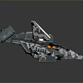 Camouflage Sci Fi Spaceship With Metallic Finish Red Accents And Orange Lights
