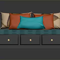 Stylish Sofa Bed With Colorful Cushions Blue Mattress Black Frame And Gold Knob Drawers