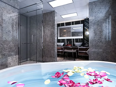 Luxury Modern Bathroom With Marble Finishes Glass Shower Enclosure And Petal Filled Freestanding Bathtub 3d model