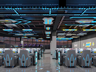 Modern Internet Cafe Interior With Blue Lighting Gaming Chairs Large Screens And Open Space 3d model