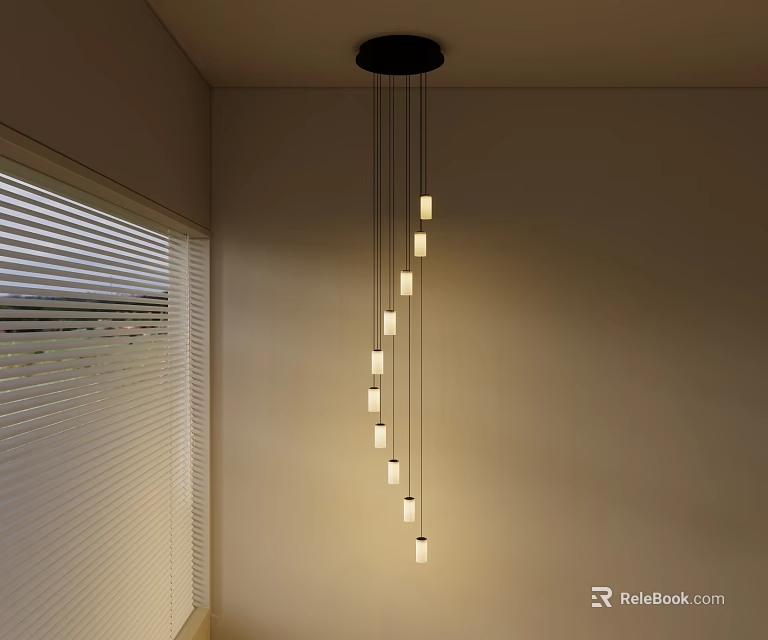 Modern Chandelier With Warm Light In Interior Room With Window Blinds 3d model 
