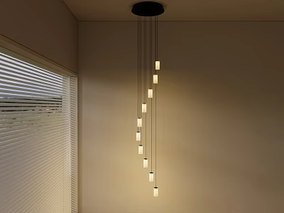 Modern Chandelier With Warm Light In Interior Room With Window Blinds 3d model