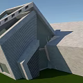 Modern Geometric Architectural Design With Concrete Glass Structure Sloped Roof On Lawn