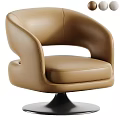 Modern Tan Leather Armchair with Curved Armrests and Swivel Base for Living Room