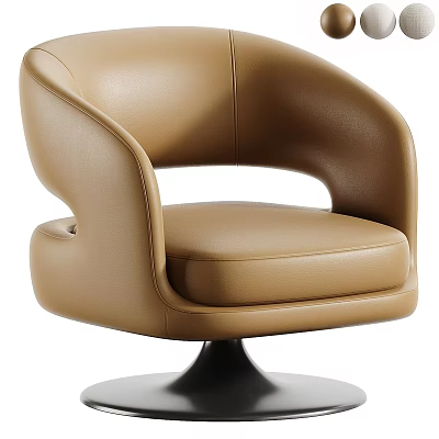 Modern Tan Leather Armchair with Curved Armrests and Swivel Base for Living Room 3d model