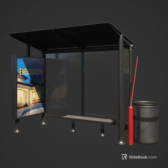 Modern Bus Shelter With Black Roof Transparent Panels Bench And Trash Can 3d model 