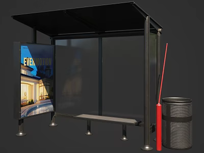 Modern Bus Shelter With Black Roof Transparent Panels Bench And Trash Can 3d model