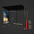 Modern Bus Shelter With Black Roof Transparent Panels Bench And Trash Can