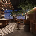 Modern Luxury Restaurant Design With Wooden Bar Counter Comfortable Seats And Fresh Indoor Green Plants