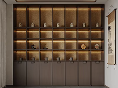 Chinese Style Wine Cabinet With Multi Layer Design Warm Lighting Decorative Items And Scroll Painting 3d model