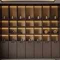 Chinese Style Wine Cabinet With Multi Layer Design Warm Lighting Decorative Items And Scroll Painting