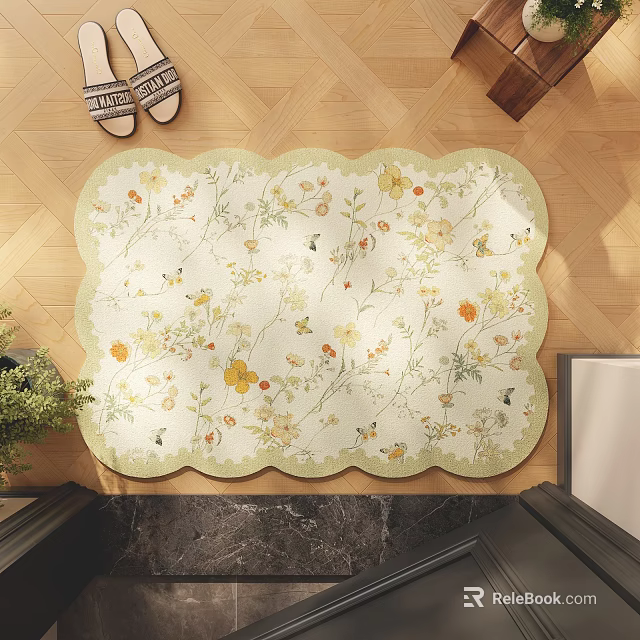Stylish Floral Butterfly Pattern Rug With Scalloped Edge On Wooden Floor 3d model 