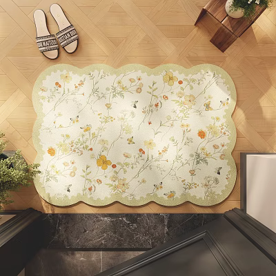Stylish Floral Butterfly Pattern Rug With Scalloped Edge On Wooden Floor 3d model