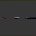 Colorful Fantasy Weapons With Spiked Red Blue And Hole Patterned Light Blue Designs
