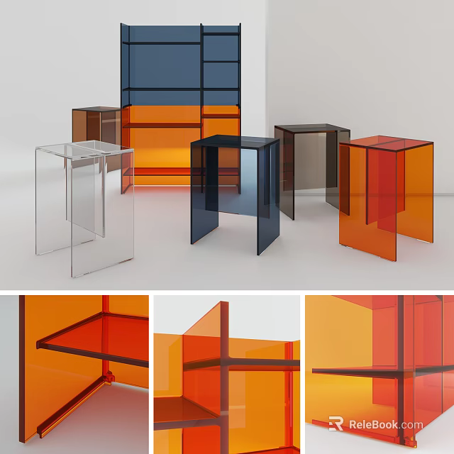 Modern Geometric Acrylic Stools Featuring Transparent Orange Blue And Gray Tones 3d model