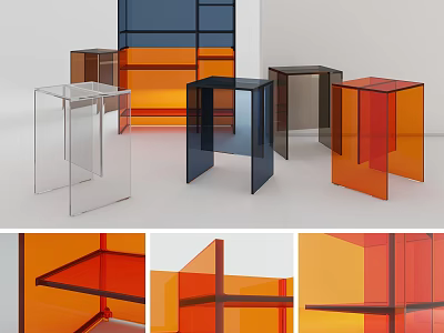 Modern Geometric Acrylic Stools Featuring Transparent Orange Blue And Gray Tones 3d model