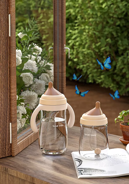 Baby Bottles with Handles Near Wooden Window White Flowers Green Plants Blue Butterflies 3d model 