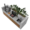 Stylish Outdoor Kitchen Setup With Pizza Oven Wooden Cabinets Concrete Counter Sink And Plants