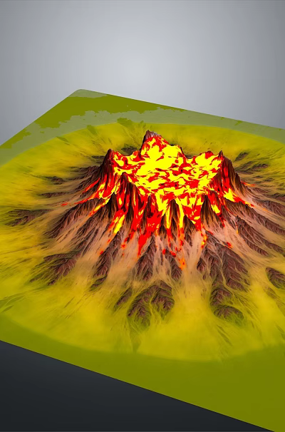 Volcanic Landscape With Erupting Volcano Red And Yellow Lava And Yellow Surroundings On Green Plane 3d model