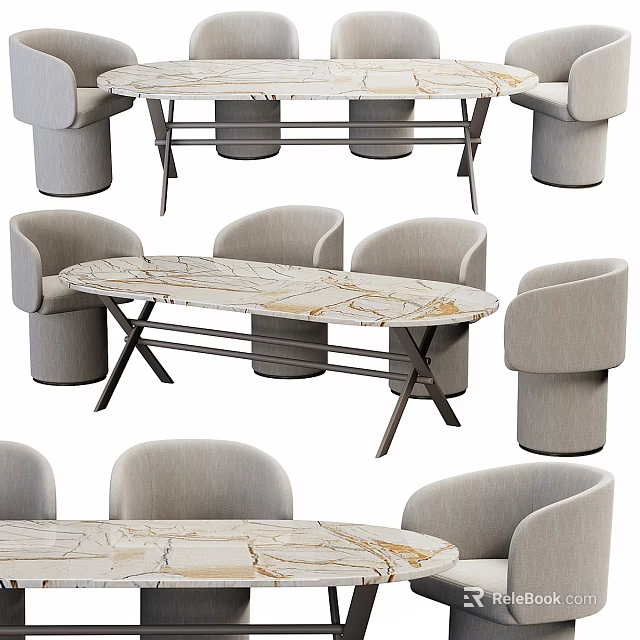 Modern Oval Dining Table And Chairs With Marble Top And Gray Seats Metal Frame Design 3d model 