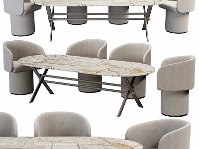 Modern Oval Dining Table And Chairs With Marble Top And Gray Seats Metal Frame Design 3d model