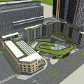 Modern Office Building Complex With Twin Towers Low Rise Structures And Green Courtyard