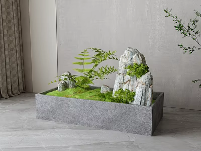 Bonsai Pot Plant Indoor Decorative With Rocks Green Ferns And Square Grey Container 3d model